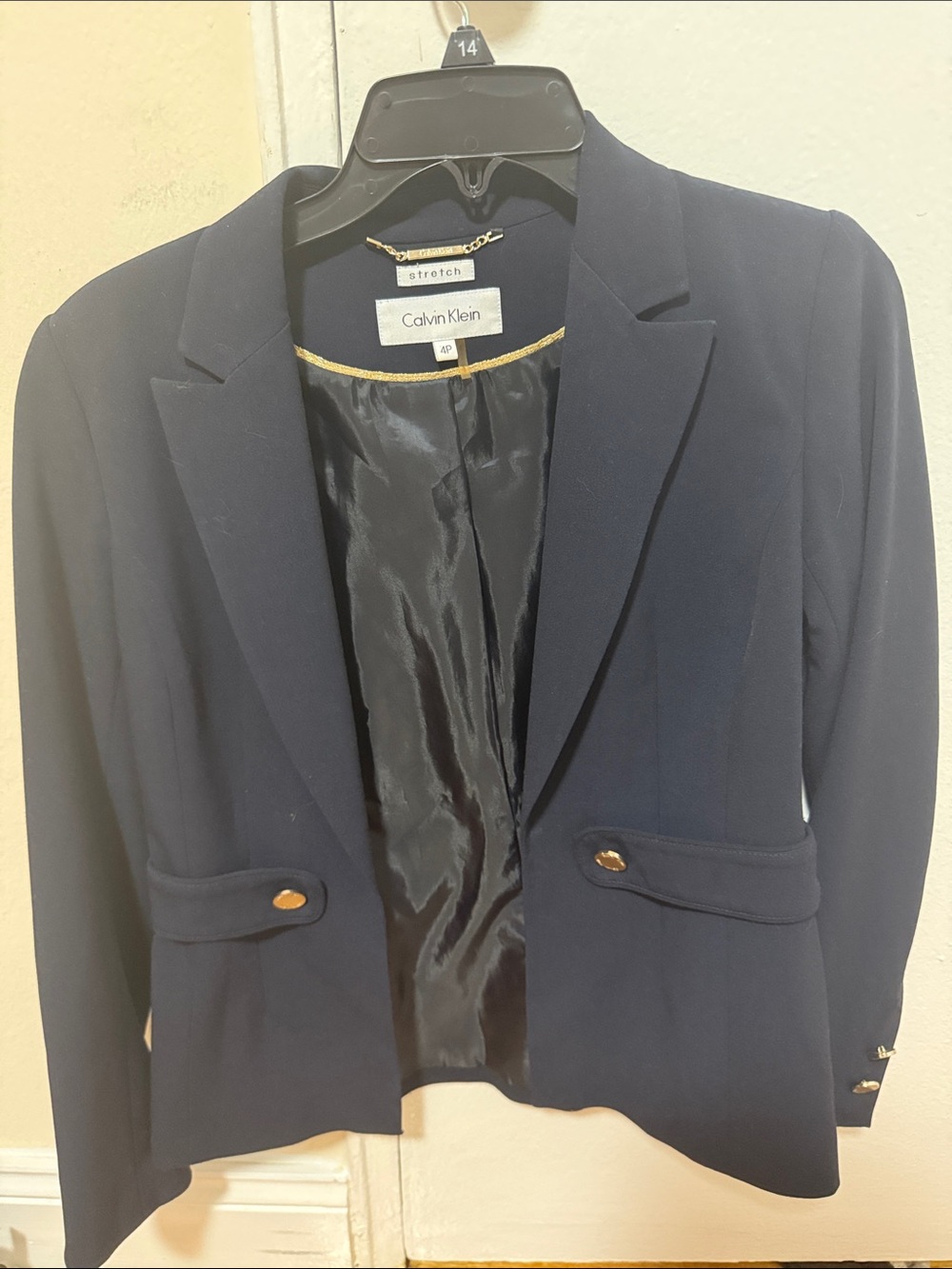 Calvin Klein Navy Tailored Stretch Blazer with Gold Buttons